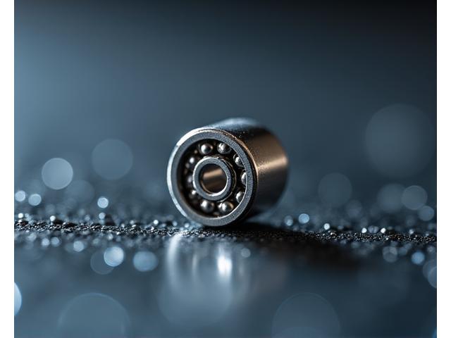 直径2mm以下の超小型ベアリングをマクロ撮影。精密な金属部品としての美しさがあり、塩水にも対応する耐久性を示す。