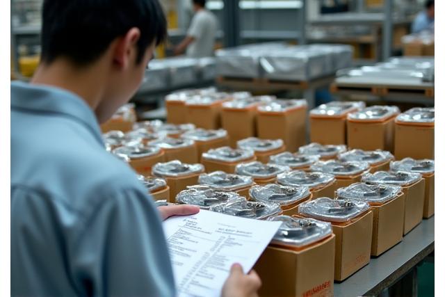 出荷前のリール部品を梱包する作業員